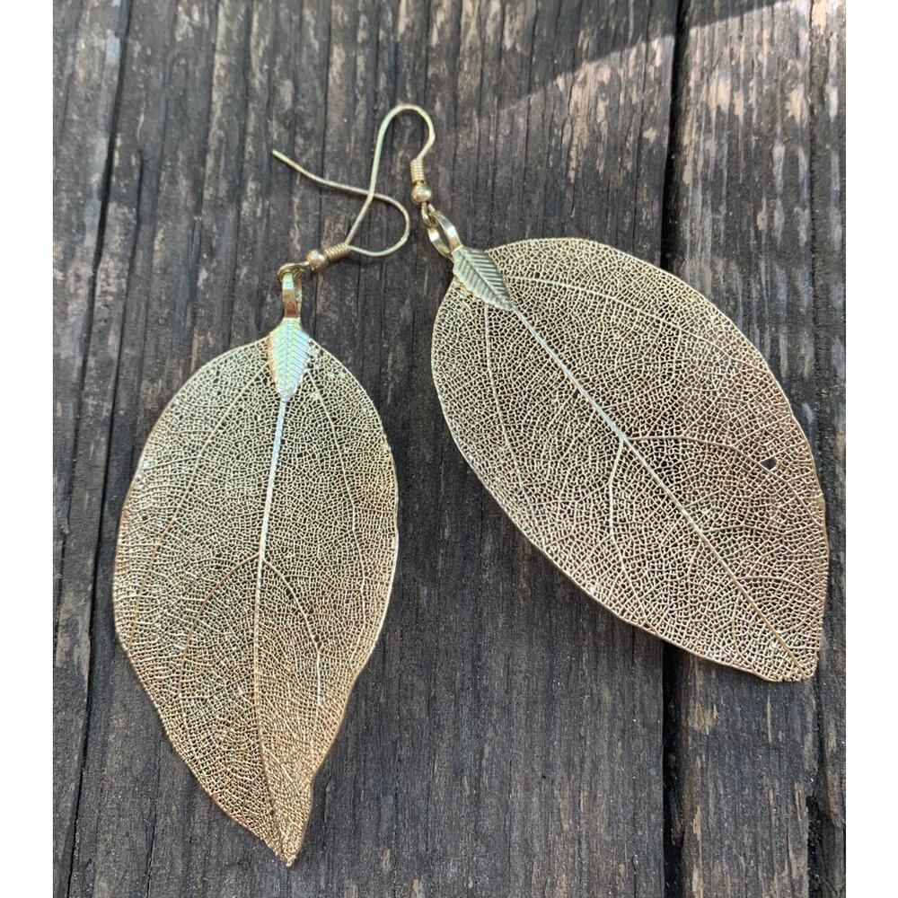 Gold Dipped Long Leaf Earrings - image 4